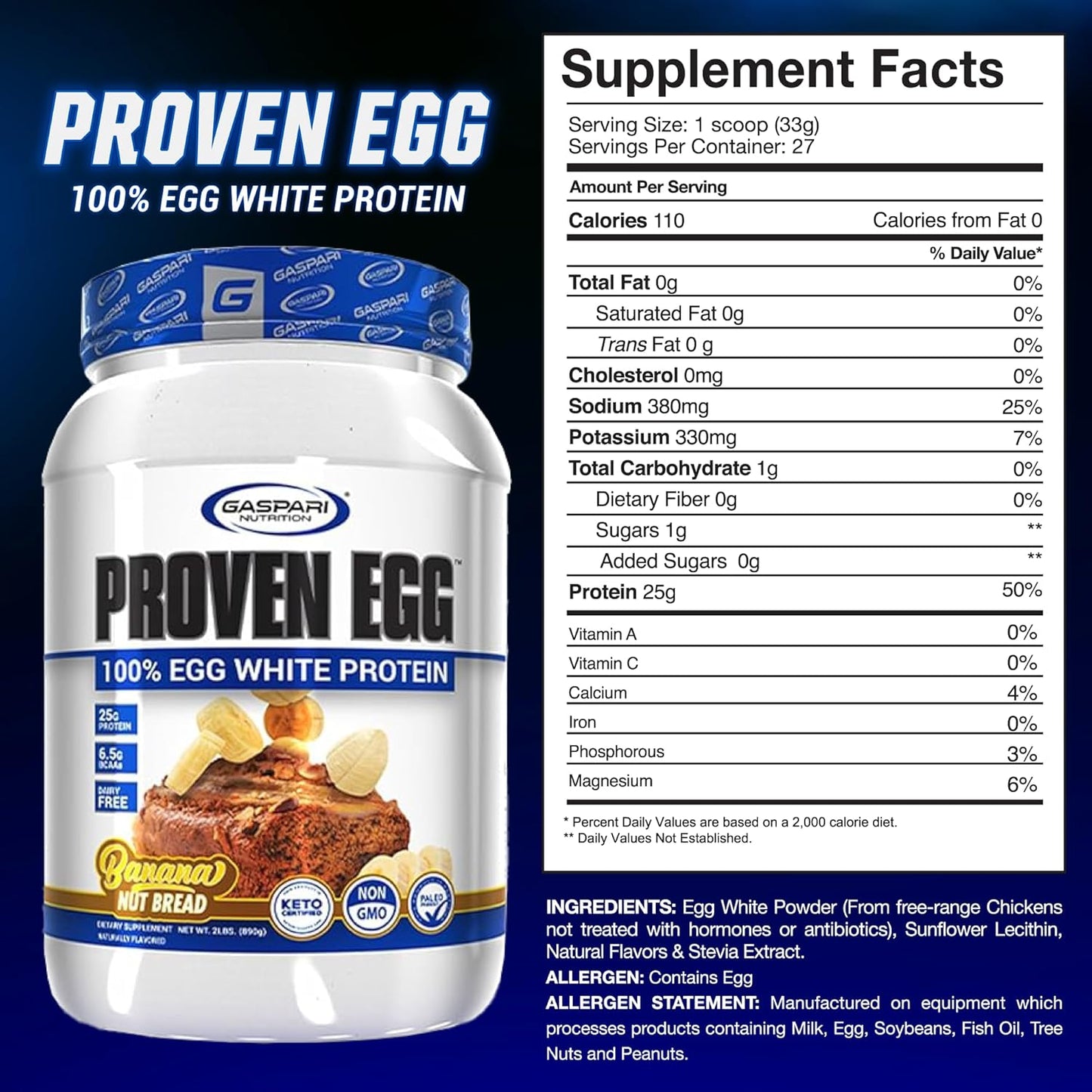 Gaspari Nutrition Proven Egg White Protein Powder, 25g Protein, Keto-Friendly, Dairy-Free, Lactose-Free, Soy-Free - Banana Nut Bread Flavor - 2 lbs