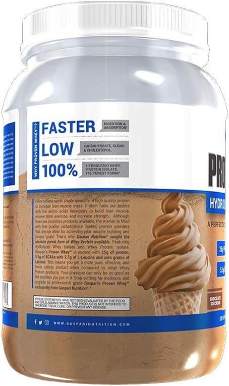 Gaspari Nutrition Proven Whey - Chocolate Ice Cream Flavor, 100% Hydrolyzed Whey Isolate, High Protein, Lactose Free, Low Carb & Sugar - 2lb Pack