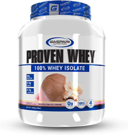 Gaspari Nutrition Proven Whey Neapolitan Ice Cream Flavor - 100% Hydrolyzed Whey Isolate, High Protein, Lactose Free, Low Carb & Sugar - 4lb