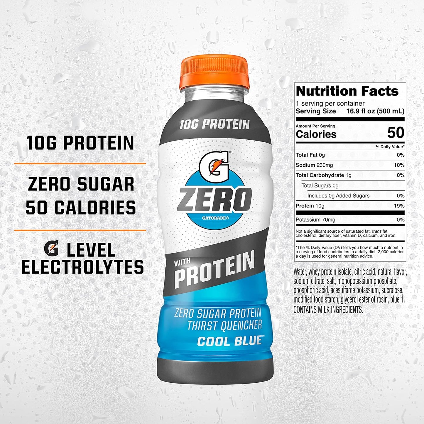 Gatorade Zero Cool Blue Liquid Electrolytes with 10g Whey Protein Isolate, Zero Sugar, Vegetarian, 16.9 Fl Oz Bottle, 12 Pack
