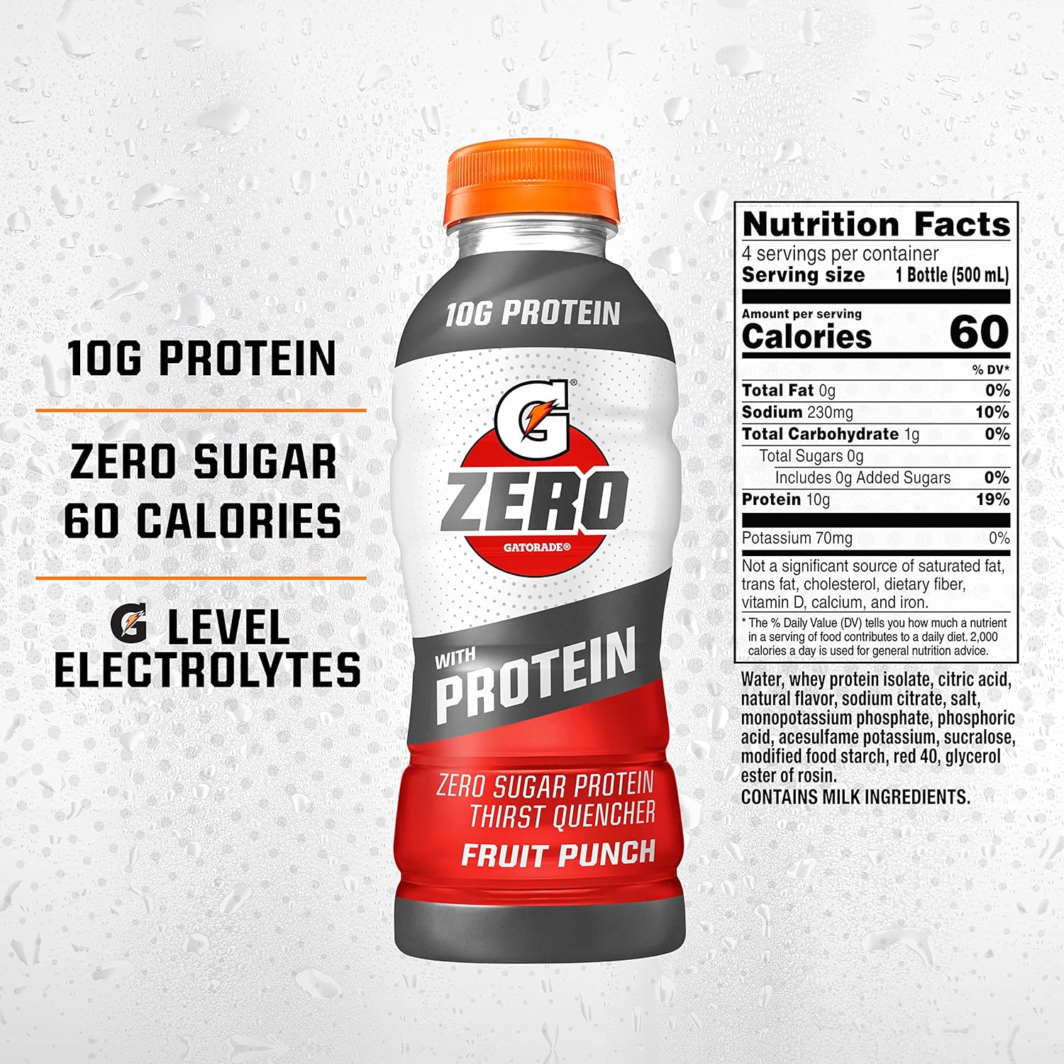 Gatorade Zero Fruit Punch with 10g Whey Protein Isolate, Electrolytes, Zero Sugar - 16.9 Fl Oz, 12 Pack