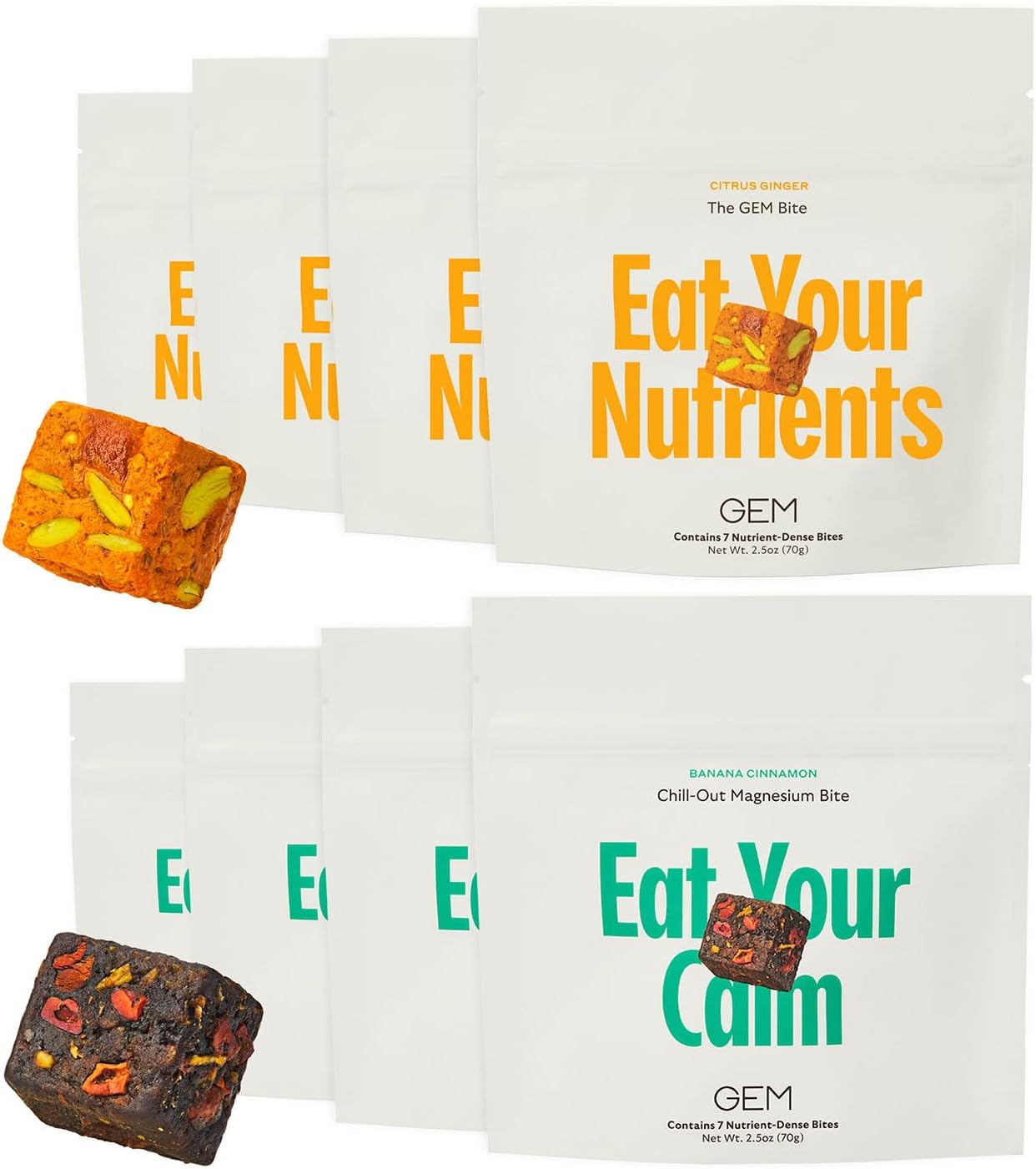 GEM Bite Daily Multivitamin & Relaxation Magnesium Bites | 8 Packs of 7 Bites | 20+ Whole-Food Nutrients