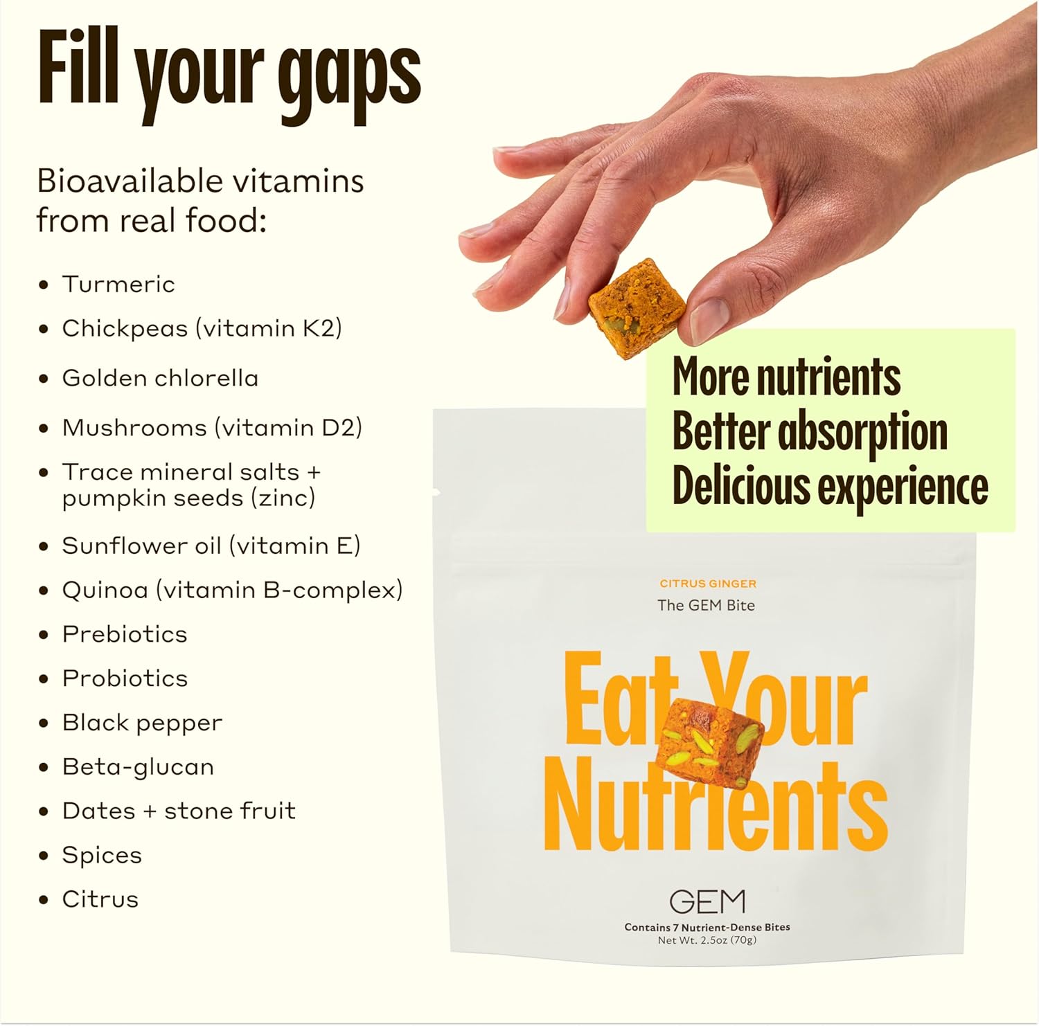 GEM Daily Multivitamin for Women & Men - Supports Gut, Skin, Brain, Bone & Immunity - 20+ Vitamins & Minerals with Zinc, Vitamin D, Folic Acid, Turmeric - Citrus Ginger Flavor, 7 Servings