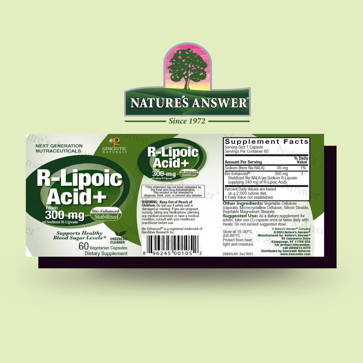 Genceutic Naturals R-Lipoic Acid 300mg Capsules - Vegetarian, Vegan, Gluten-Free, Non-GMO - Single Count