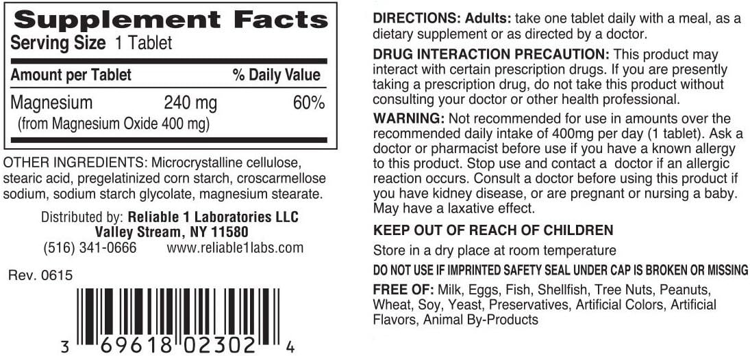 Generic MegOx Magnesium Oxide 400mg Tablets - 120 Tablets per Bottle, Pack of 3 - Reliable-1 Laboratories Dietary Supplement