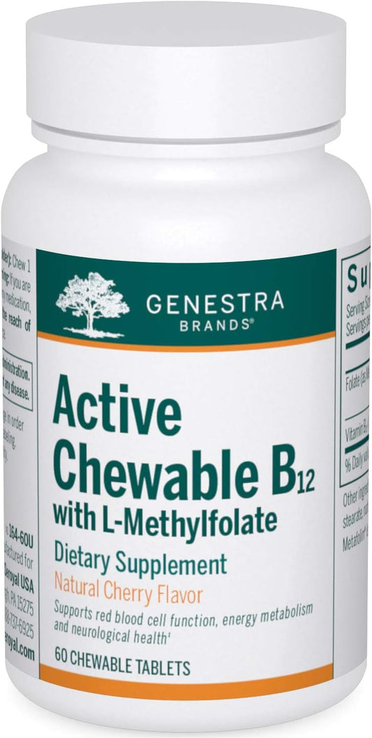 Genestra Brands Active Chewable B12 with L-Methylfolate - Natural Cherry Flavor - 60 Tablets