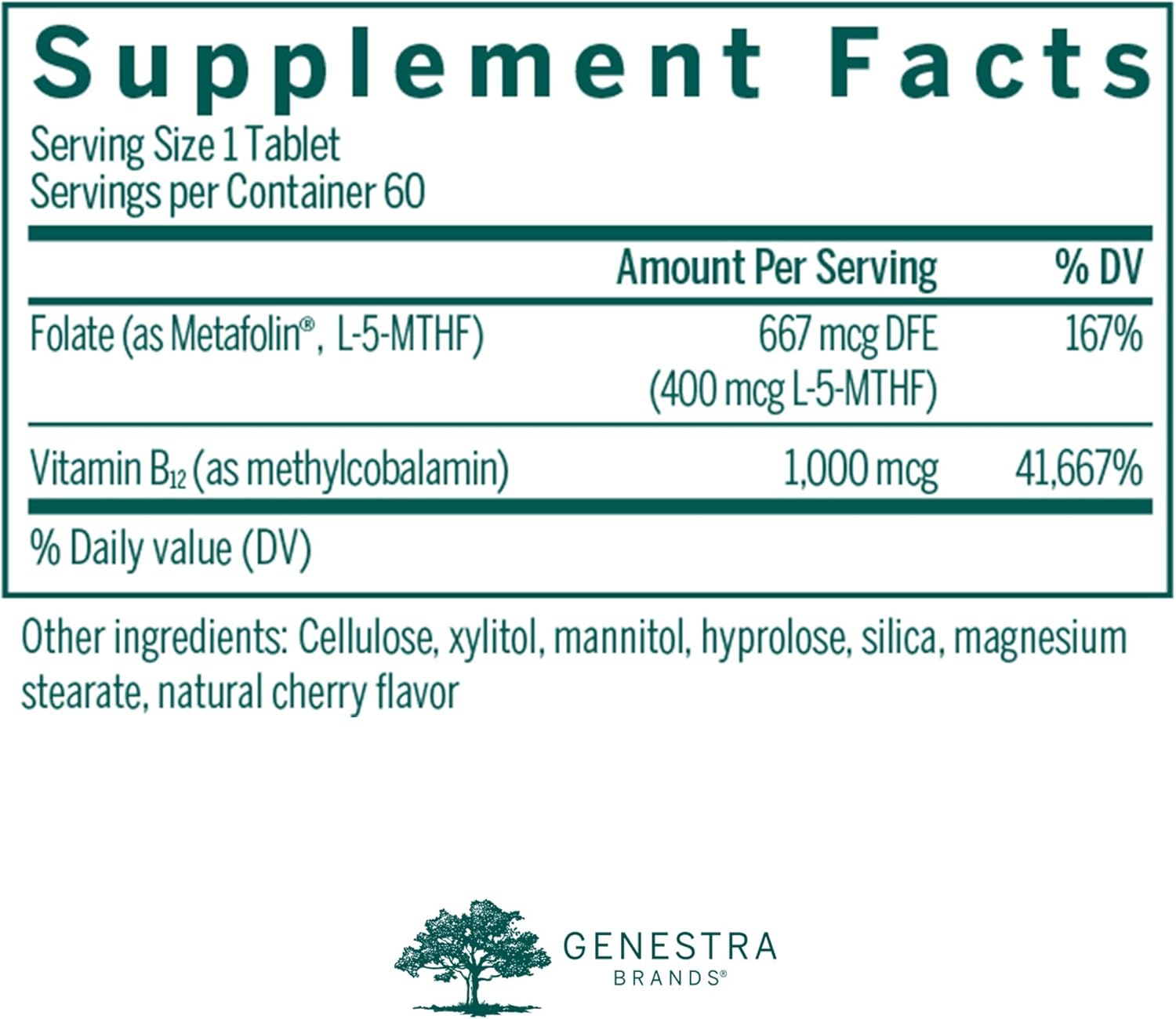 Genestra Brands Active Chewable B12 with L-Methylfolate - Natural Cherry Flavor - 60 Tablets