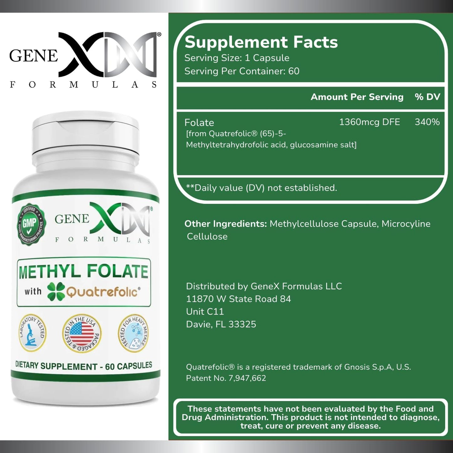 Genex Formulas Methyl Folate with Quatrefolic 1360 mcg DFE - Bio-Active 5-Methyltetrahydrofolate - Vegan, Gluten Free, Non-GMO - 60 Capsules - BoostGo Australia