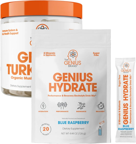 Genius Brand Blue Raspberry Hydrate Stick Pack & Turkey Tail Supplement Bundle - Natural Electrolyte Booster & Gut Health Support