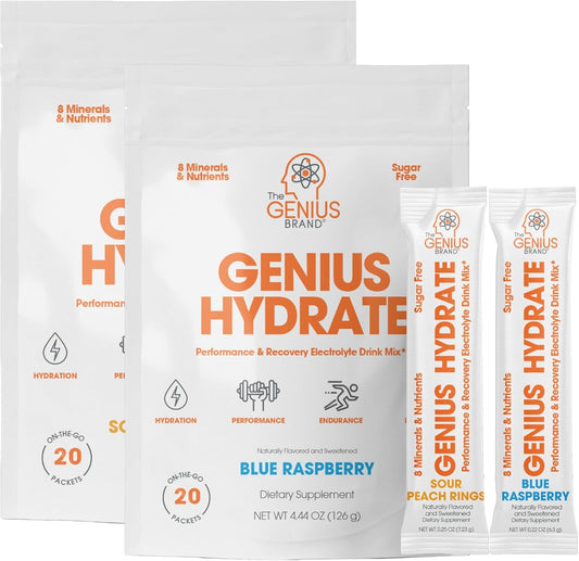 Genius Brand Duo Bundle: Blue Raspberry & Sour Peach Rings Hydrate Stick Pack Powder Drink Mix - Natural Electrolyte Boosters for Hydration