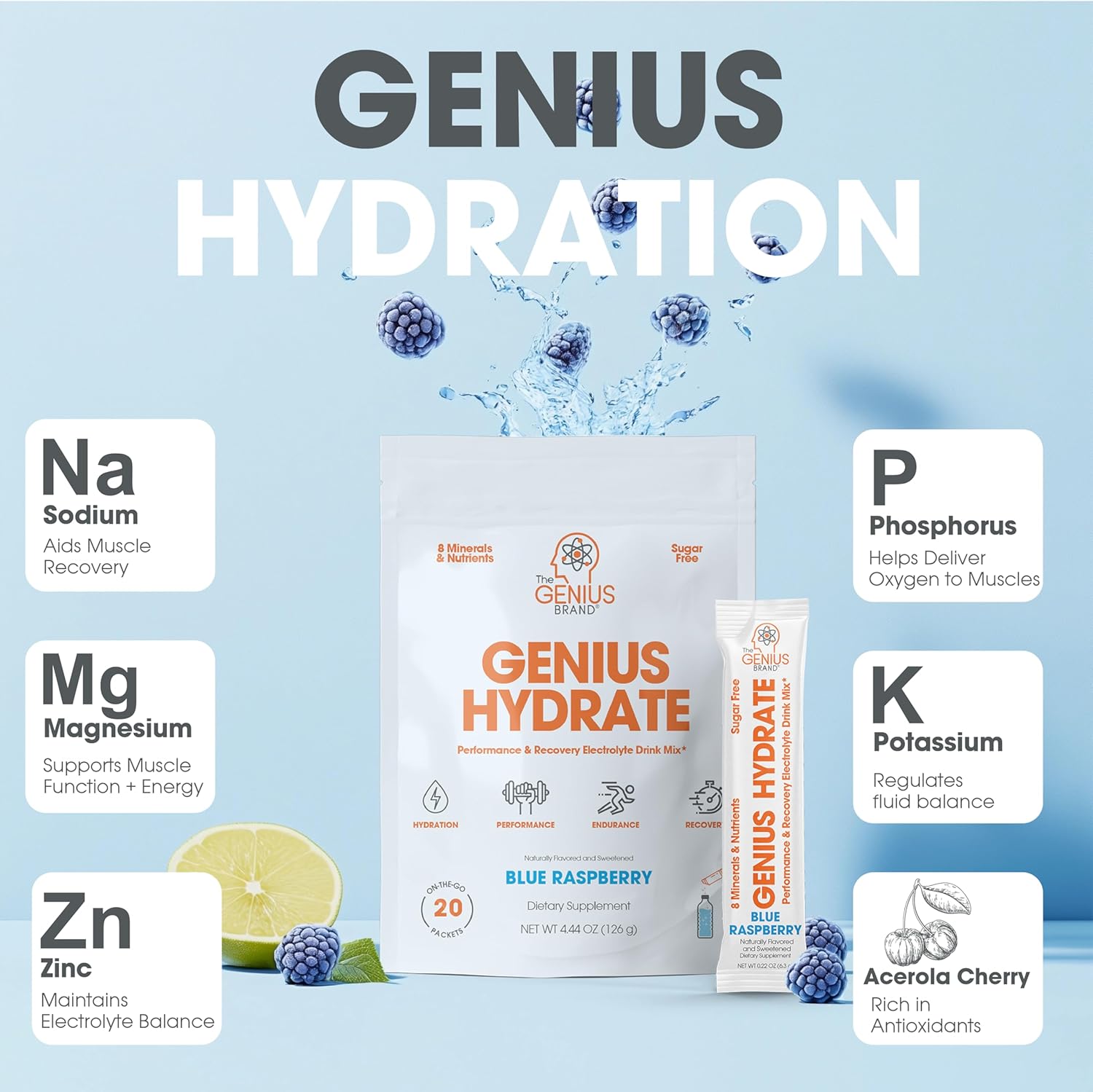 Genius Brand Duo Bundle: Blue Raspberry & Sour Peach Rings Hydrate Stick Pack Powder Drink Mix - Natural Electrolyte Boosters for Hydration