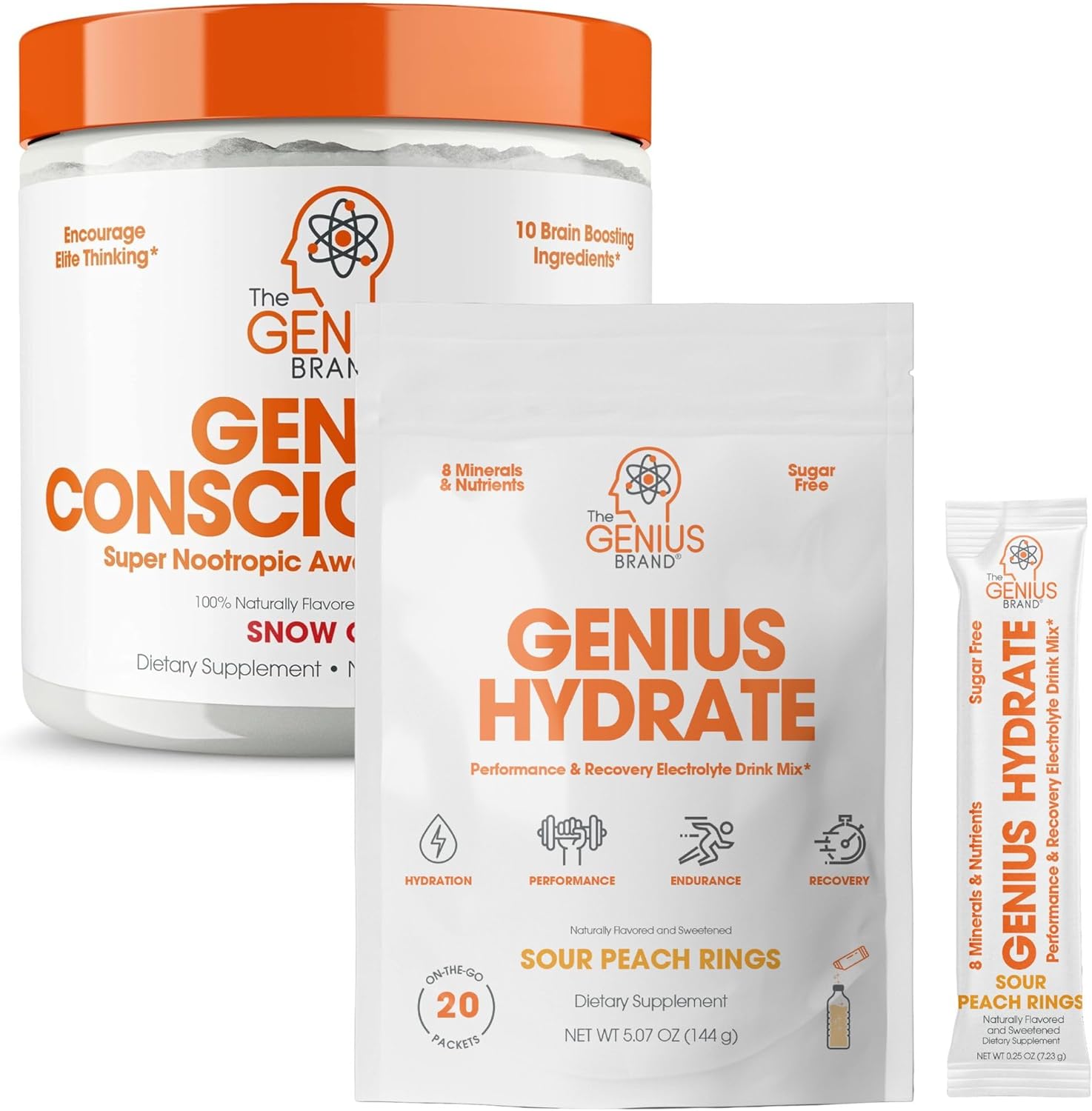 Genius Brand Hydration & Cognitive Support Bundle: Sour Peach Rings Hydrate Stick Pack & Brain Supplement Powder - Natural Electrolyte Booster & Nootropic