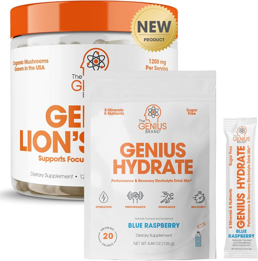 Genius Brand Hydration & Focus Bundle: Hydrate Stick Powder & Lion's Mane Capsules - Natural Electrolyte Booster & Nootropic Supplement for Clarity