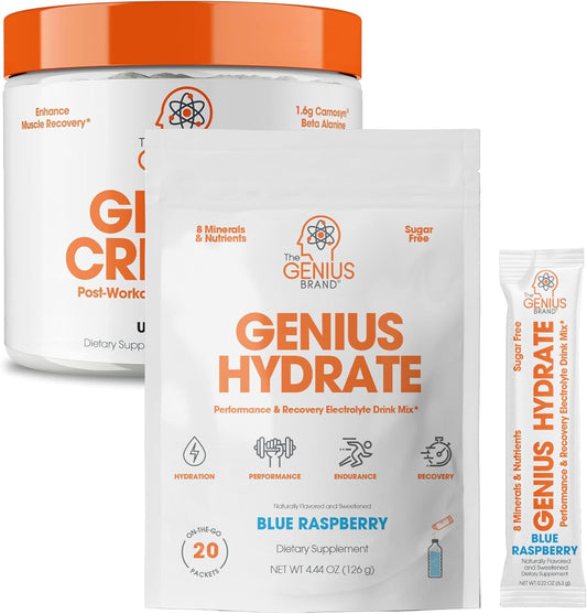 Genius Brand Hydration & Muscle Support Bundle: Hydrate Stick Pack and Micronized Creatine Monohydrate Powder - Natural Electrolyte Booster & Post-Workout Supplement