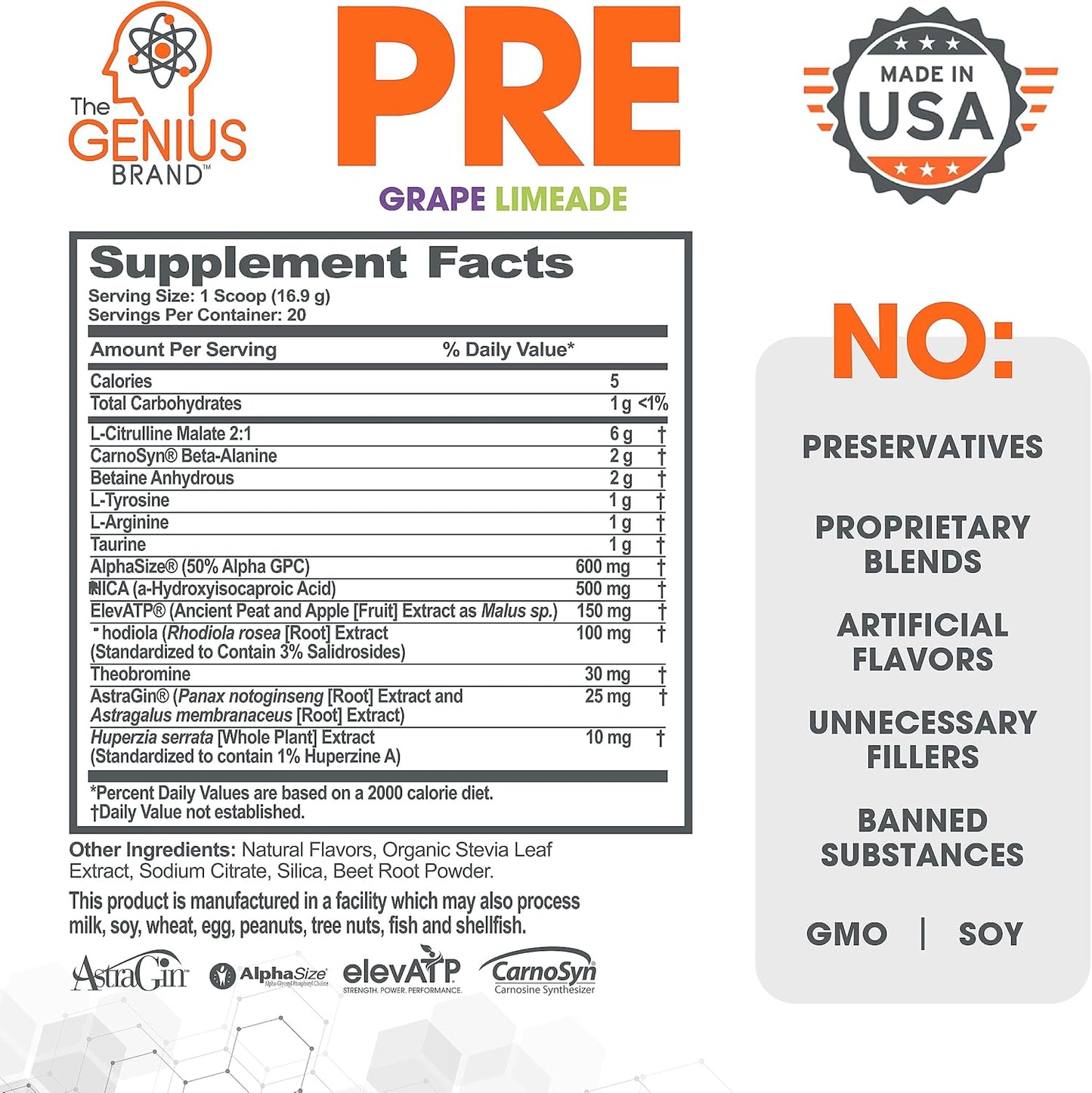 Genius Brand Pre Workout Powder & Micronized Creatine Stack - Grape Flavor & Natural Nootropic Supplement