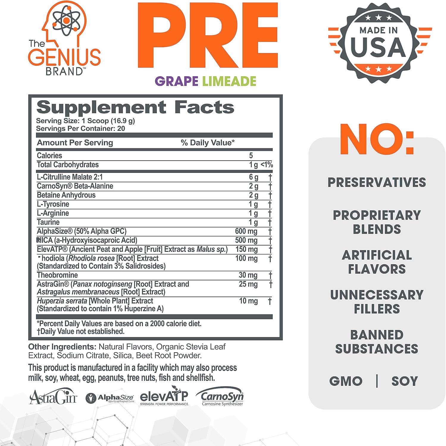 Genius Brand Pre Workout Powder & Micronized Creatine Stack - Grape Flavor & Natural Nootropic Supplement