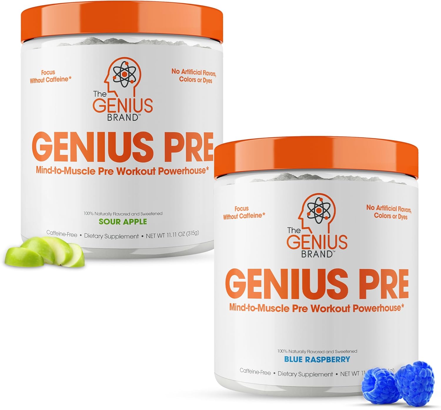 Genius Brand Pre-Workout Supplement Bundle - Blue Raspberry & Sour Apple Flavors - Caffeine-Free and Stimulant-Free