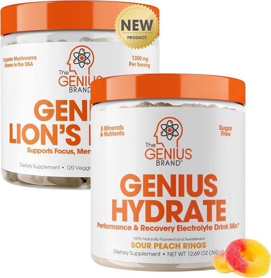 Genius Brand Wellness Bundle: Sour Peach Rings Drink Mix & Lion's Mane Focus Supplement