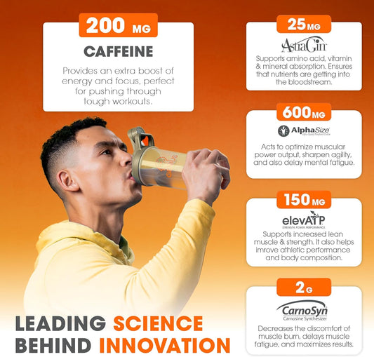 Genius Energized Pre Workout Powder - Sour Peach Rings Flavor, Caffeine Infused Booster Supplement with Beta Alanine & Alpha GPC - No Artificial Sweetener or Dyes - 200mg Caffeine