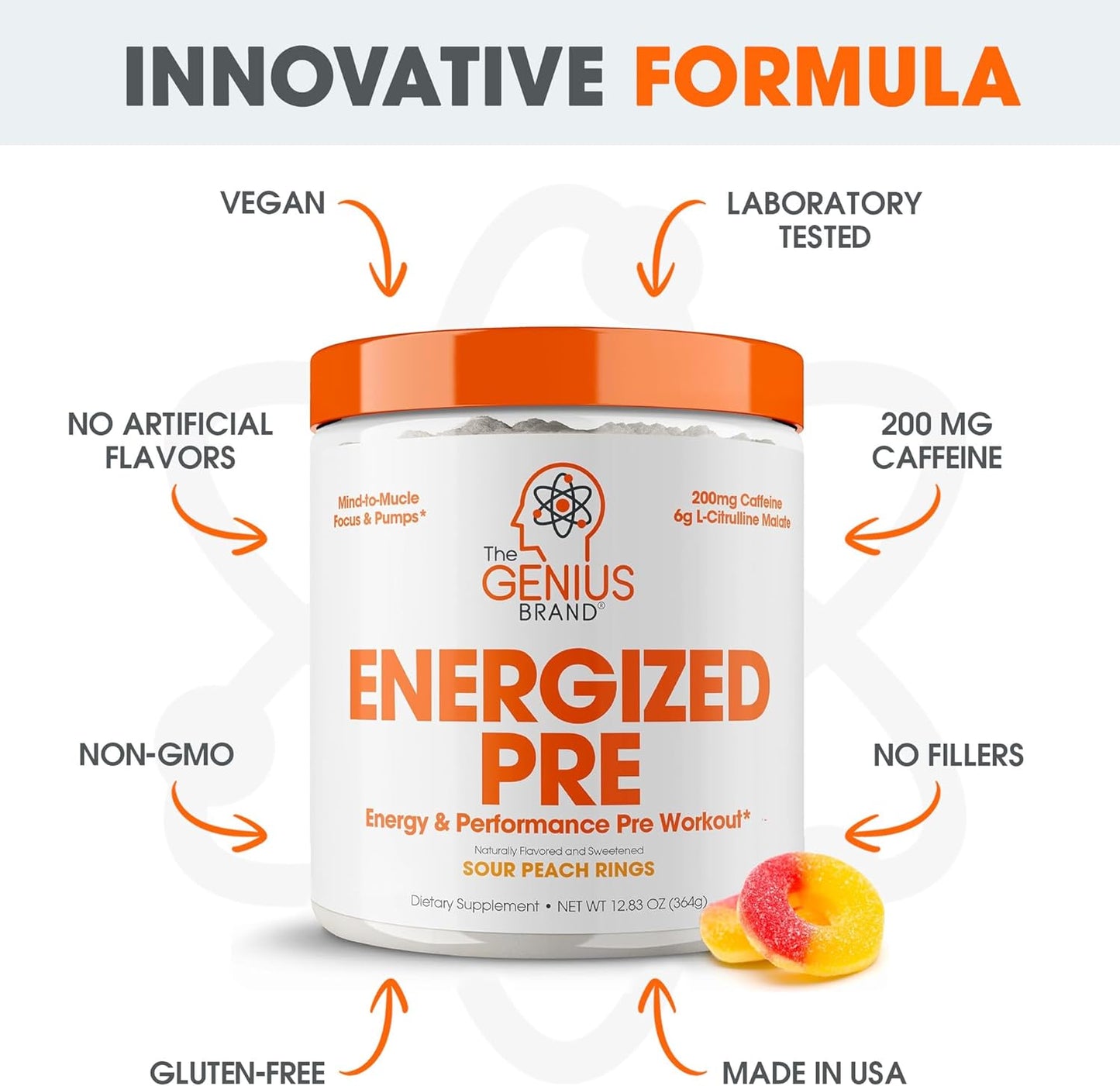 Genius Energized Pre Workout Powder - Sour Peach Rings Flavor, Caffeine Infused Booster Supplement with Beta Alanine & Alpha GPC - No Artificial Sweetener or Dyes - 200mg Caffeine