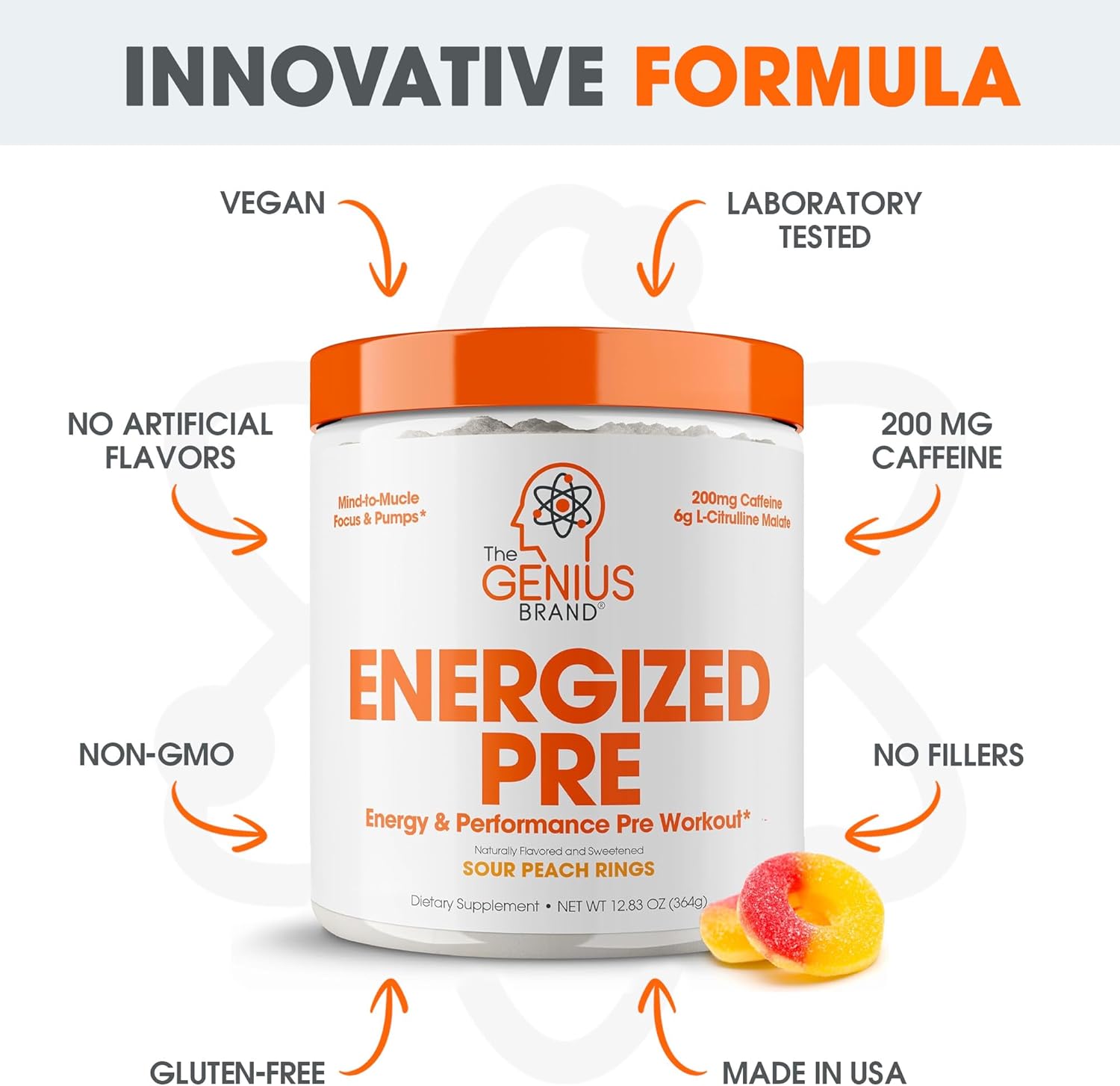 Genius Energized Pre Workout Powder - Sour Peach Rings Flavor, Caffeine Infused Booster Supplement with Beta Alanine & Alpha GPC - No Artificial Sweetener or Dyes - 200mg Caffeine
