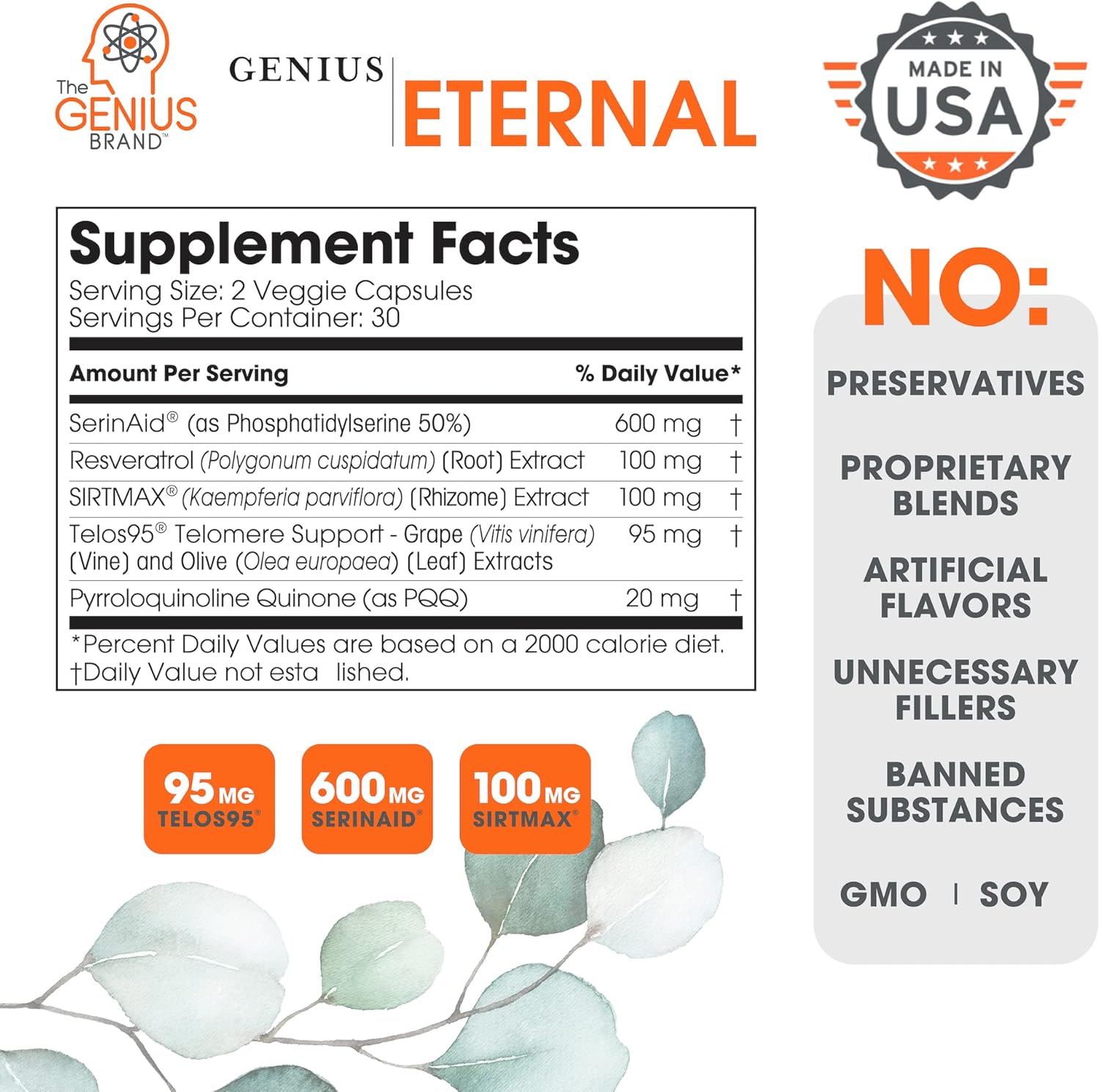 Genius Eternal Anti-Aging Supplement - Telomere Capsules for Longevity & Cellular Repair