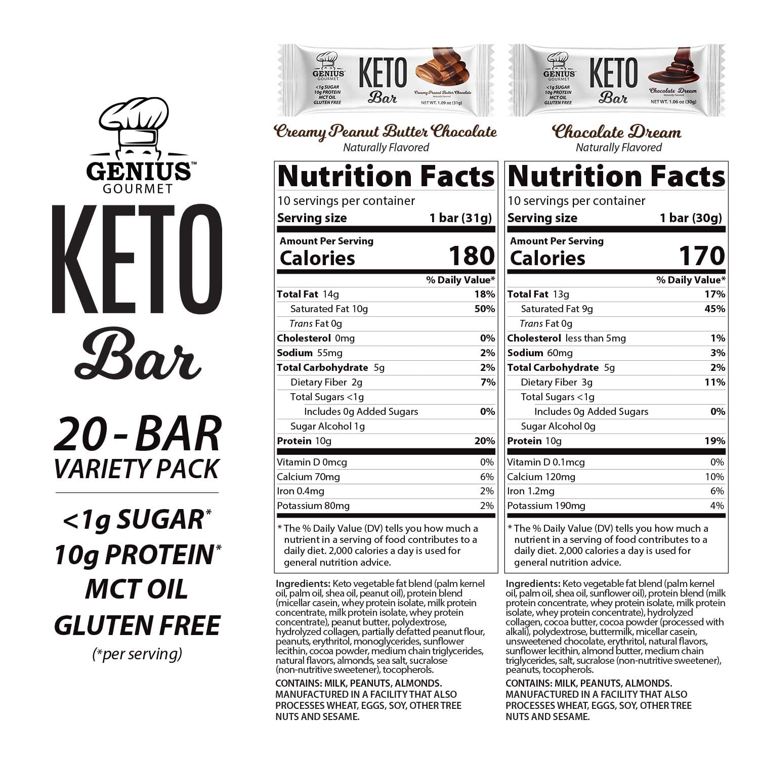 Genius Gourmet Gluten-Free Chocolate Keto Protein Bar Variety Pack - 20 Count, Low Carb, Low Sugar, Premium MCTs
