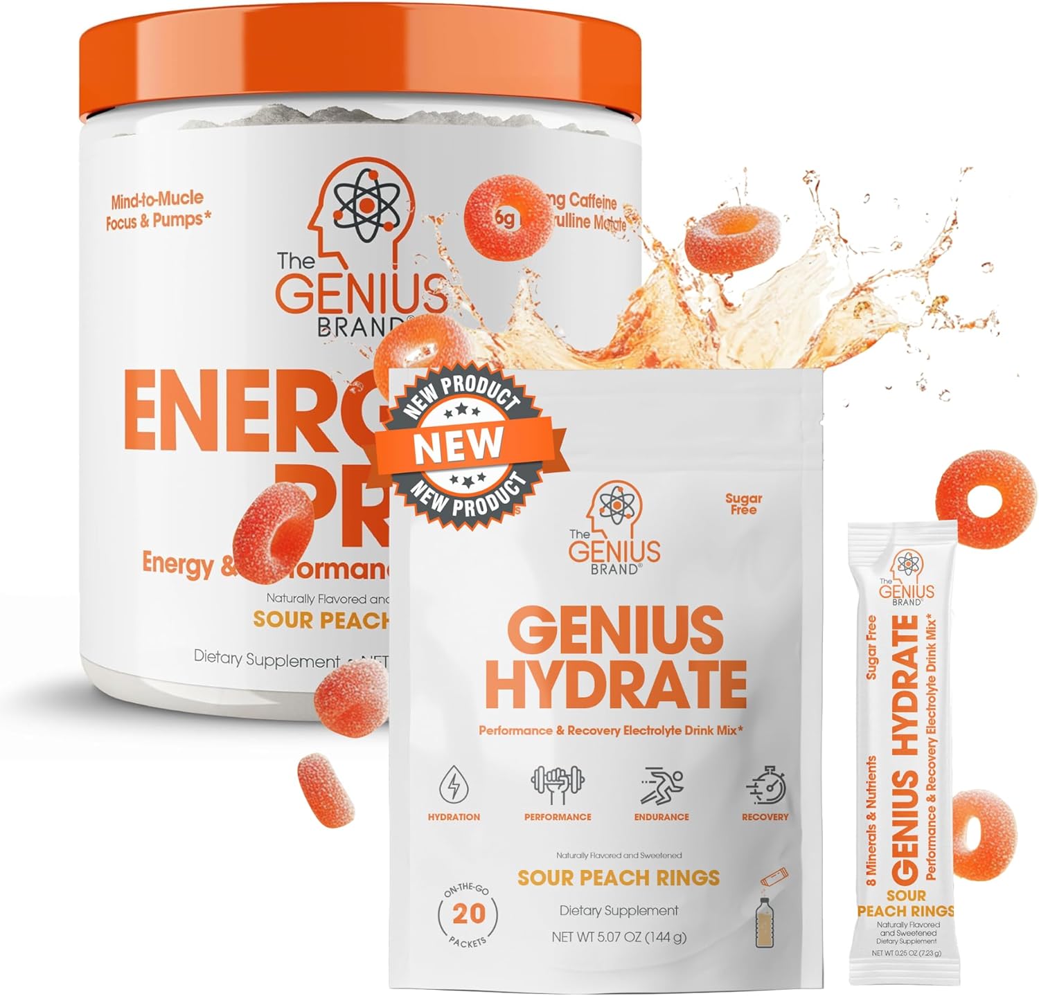 Genius Hydration & Pre-Workout Bundle - Sour Peach Rings Drink Mix with Natural Electrolytes & Caffeine Boost