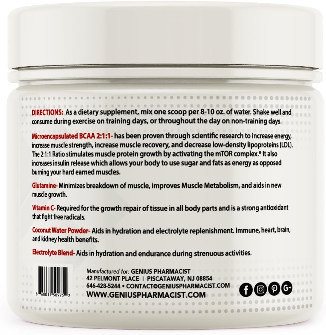 Genius Pharmacist BCAA Energy Hydrating Pink Lemonade Supplement - 30 Servings