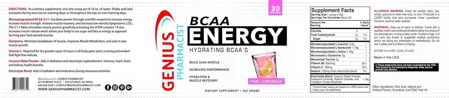 Genius Pharmacist BCAA Energy Hydrating Pink Lemonade Supplement - 30 Servings