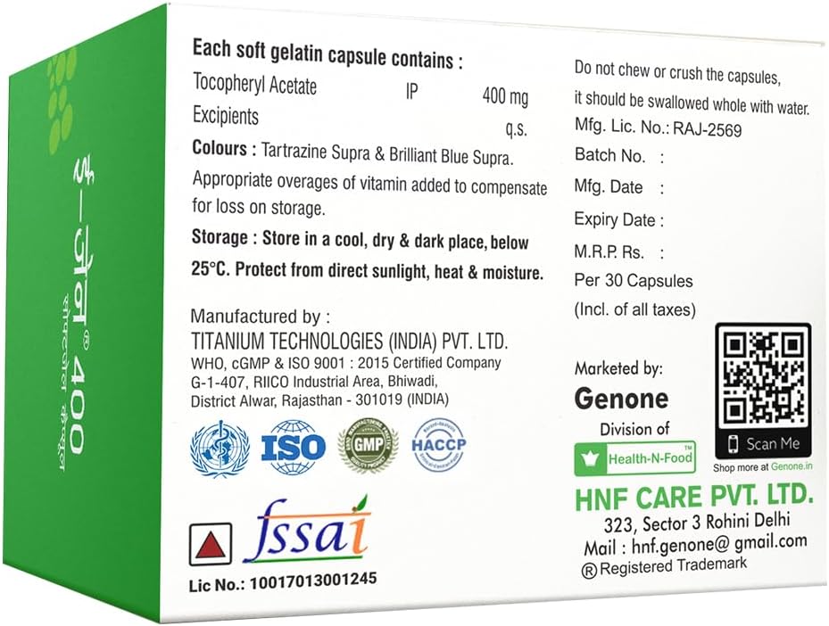 GENONE E-Gen 400 Vitamin E Capsules - Boosts Skin, Face, and Hair Glow (30 Capsules)