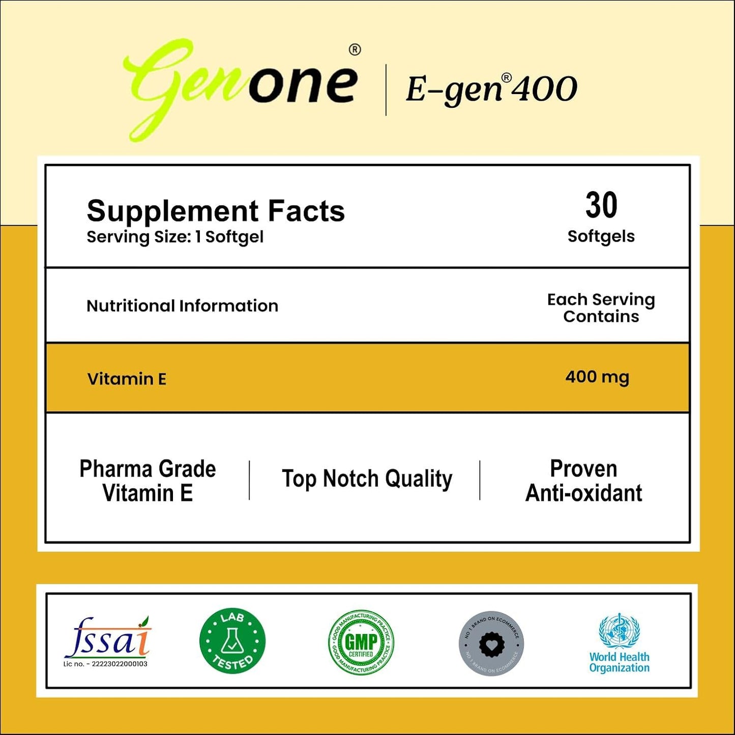 GENONE E-Gen 400 Vitamin E Capsules - Boosts Skin, Face, and Hair Glow (30 Capsules)