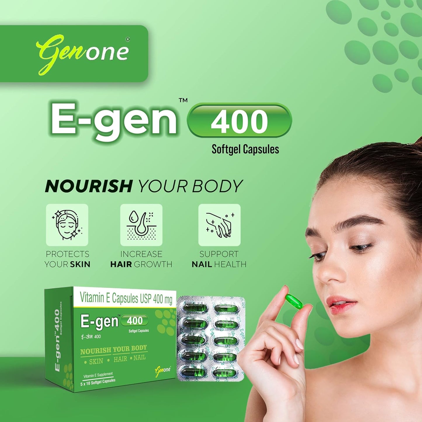 GENONE E-Gen 400 Vitamin E Capsules - Boosts Skin, Face, and Hair Glow (30 Capsules)