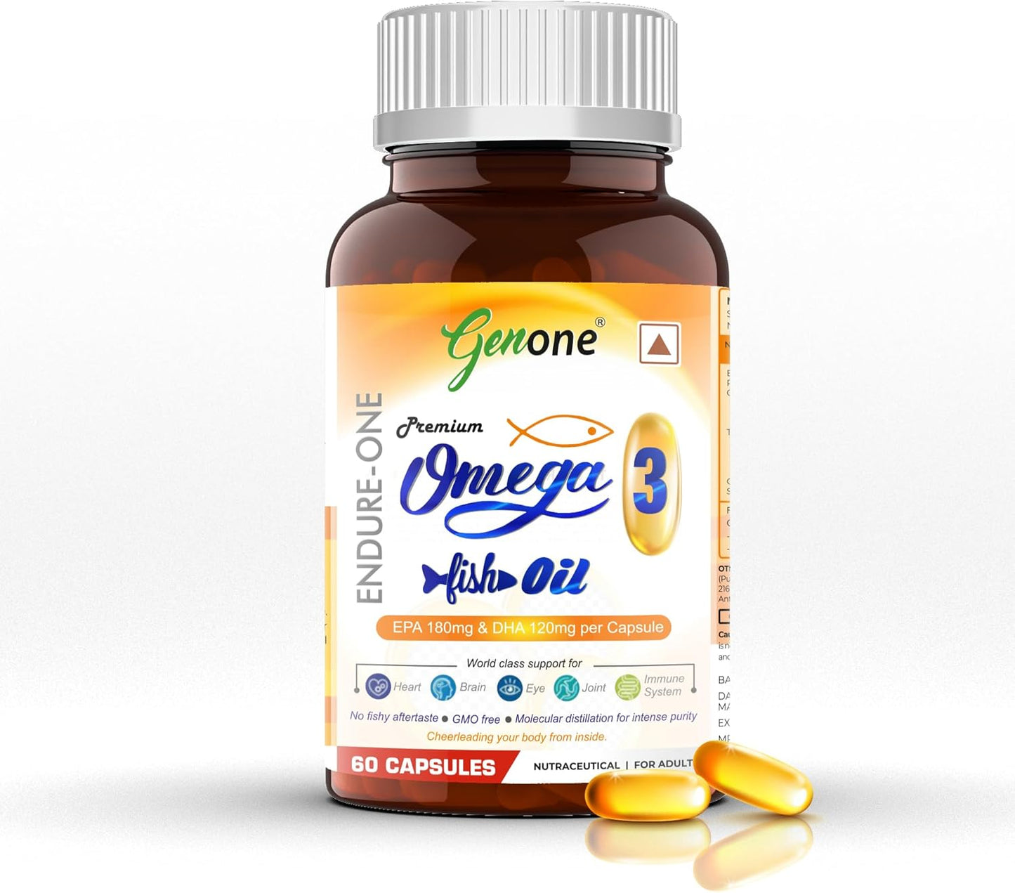 GenOne EndureOne Omega-3 Fish Oil Capsules for Brain, Heart, Eyes, Joints Health - Men & Women - 60 Softgels