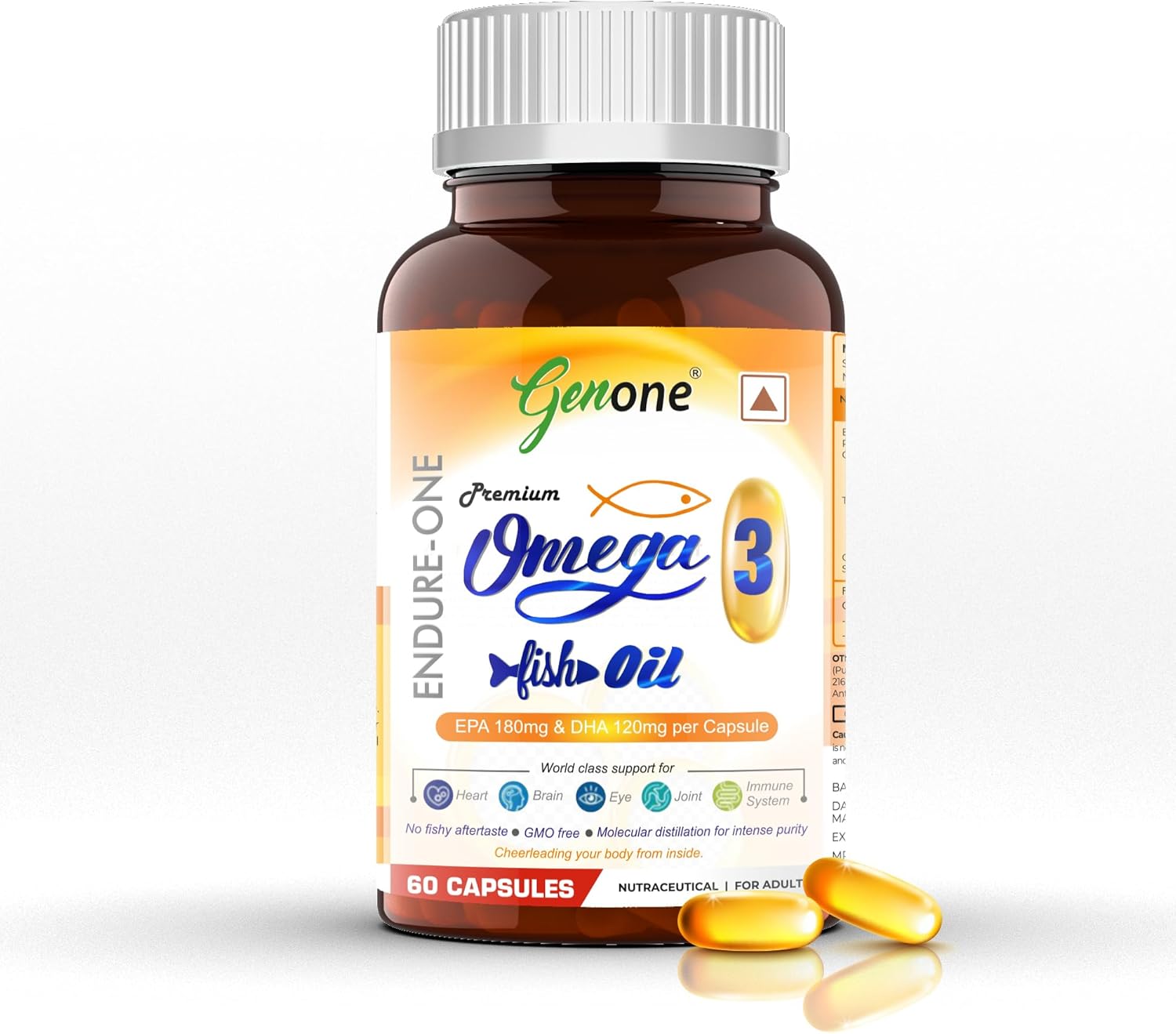 GenOne EndureOne Omega-3 Fish Oil Capsules for Brain, Heart, Eyes, Joints Health - Men & Women - 60 Softgels