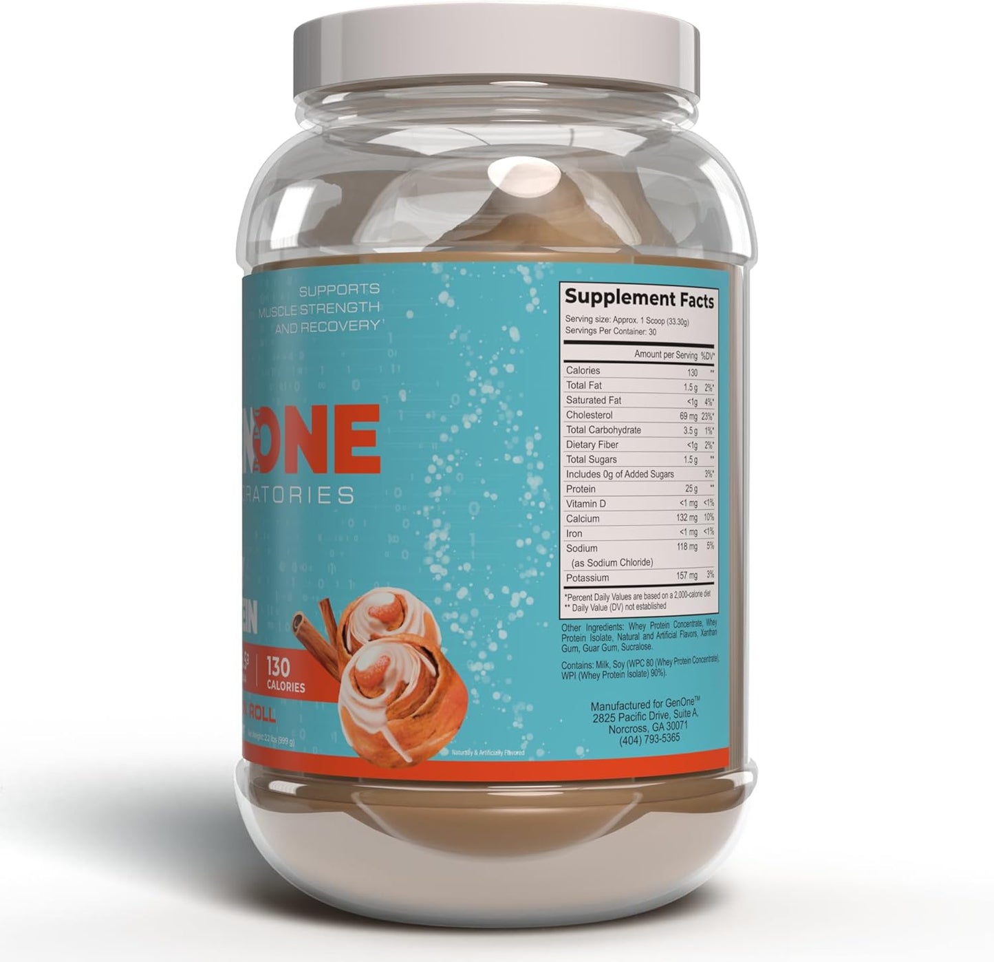 GenOne Laboratories Cinnamon Roll Whey Protein Isolate Powder - 25g Protein, 6.5g BCAAs, Low Carb, Fast Digesting - 30 Servings