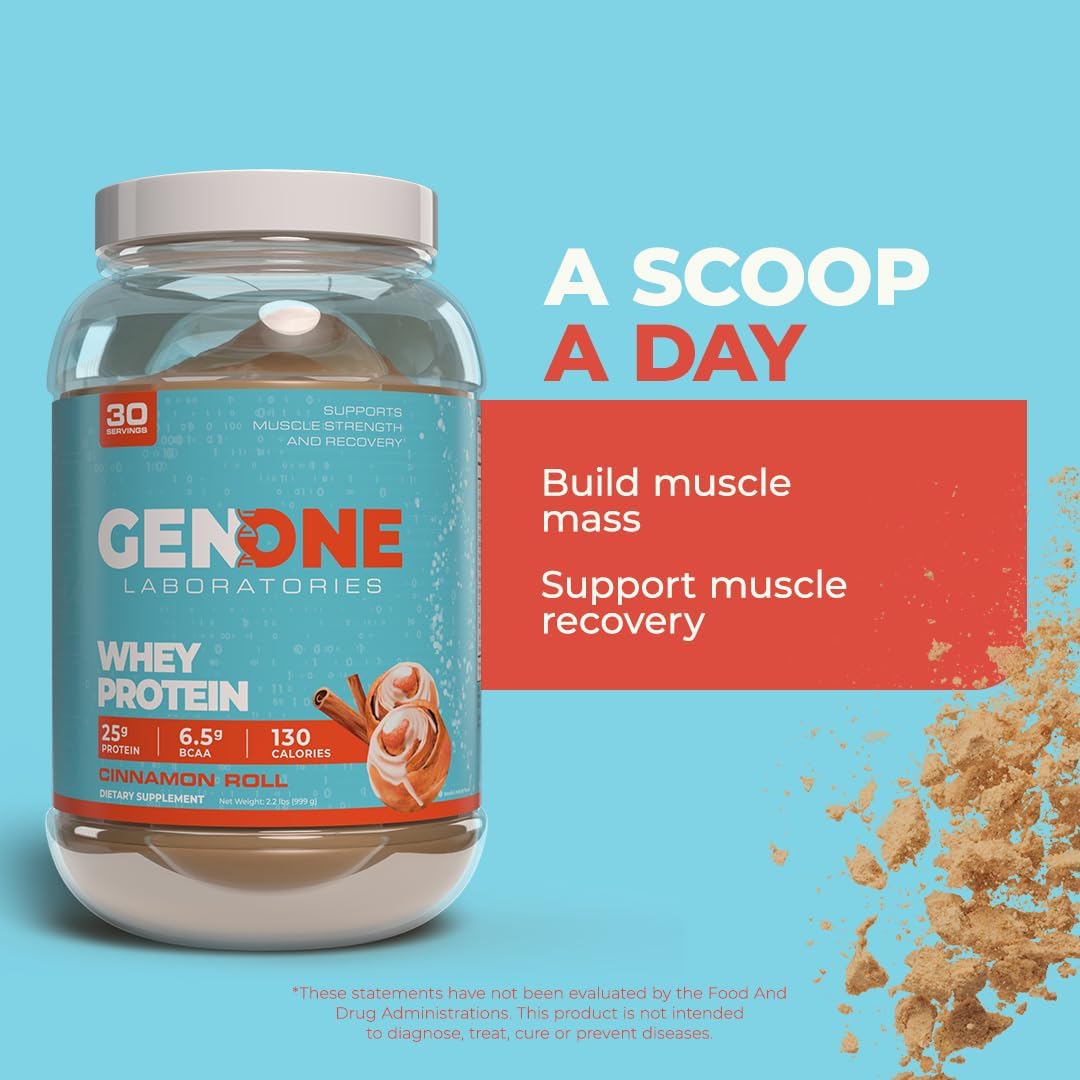 GenOne Laboratories Cinnamon Roll Whey Protein Isolate Powder - 25g Protein, 6.5g BCAAs, Low Carb, Fast Digesting - 30 Servings