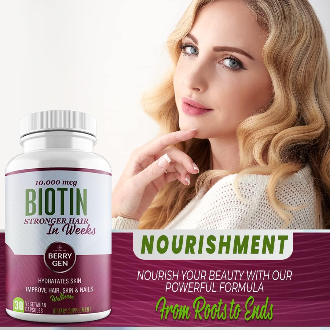Genrestore Berry Gen Biotin Supplement 10000 mcg Capsules - Hair Growth & Skin Health Support - Vegan Formula - 30 Count