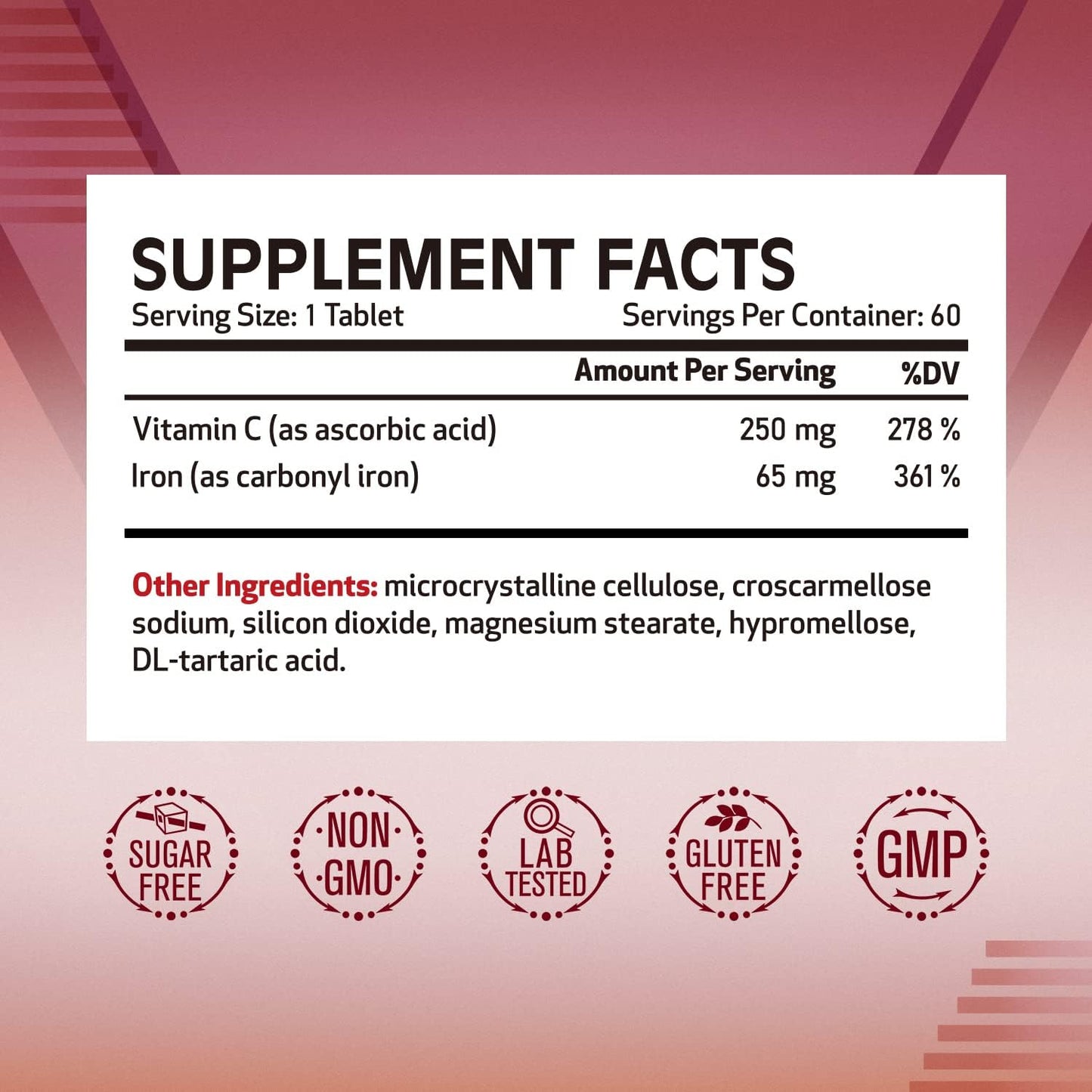 Gentle Iron Supplement with Vitamin C for Energy Support and Red Blood Cell Formation, 65mg, Vegan, Non-GMO, 60 Tablets