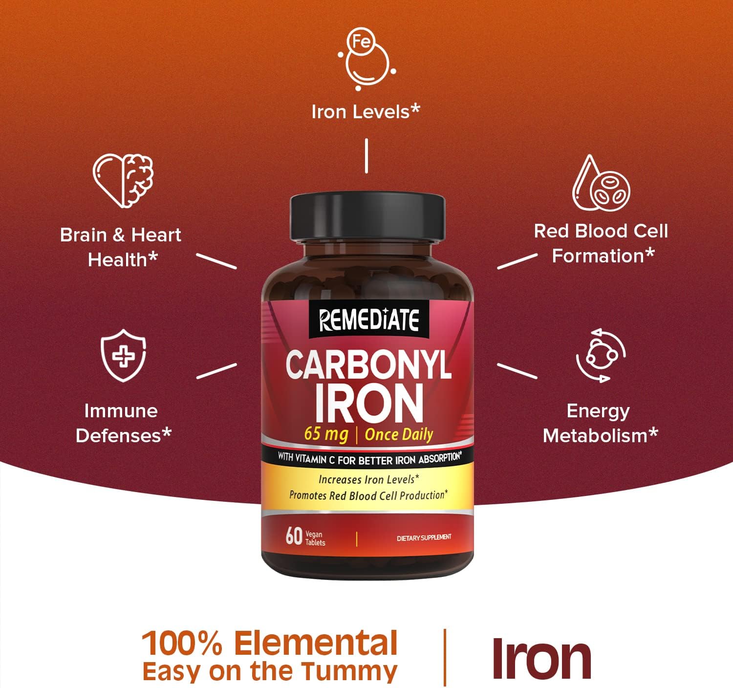 Gentle Iron Supplement with Vitamin C for Energy Support and Red Blood Cell Formation, 65mg, Vegan, Non-GMO, 60 Tablets