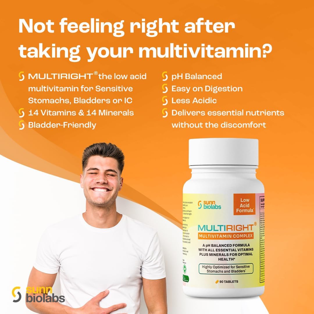 Gentle Multivitamin for Sensitive Stomachs & Bladders | Sunn Biolabs Multiright | pH Balanced & Easy to Digest | 180 Tablets