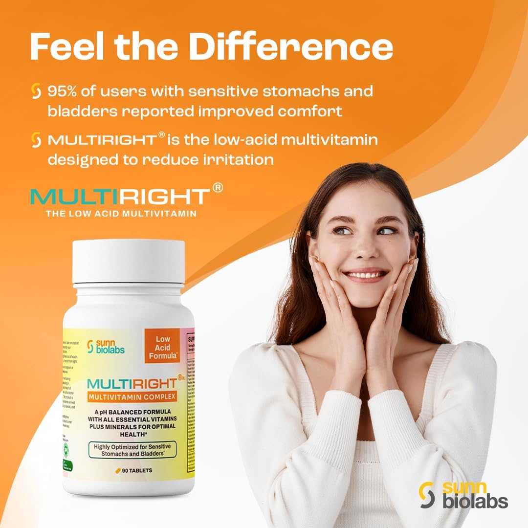 Gentle Multivitamin for Sensitive Stomachs & Bladders | Sunn Biolabs Multiright | pH Balanced & Easy to Digest | 180 Tablets