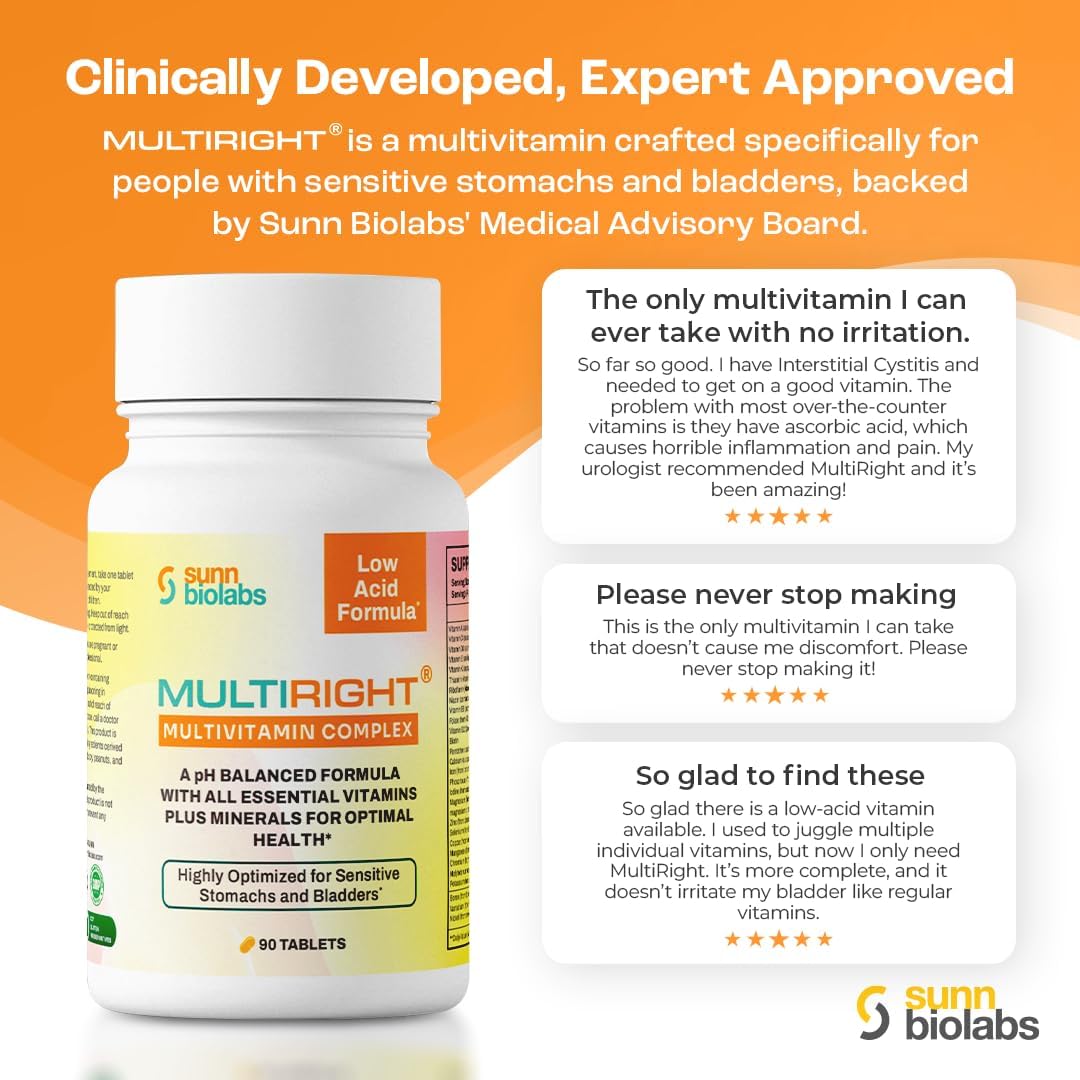 Gentle Multivitamin for Sensitive Stomachs & Bladders | Sunn Biolabs Multiright | pH Balanced & Easy to Digest | 180 Tablets