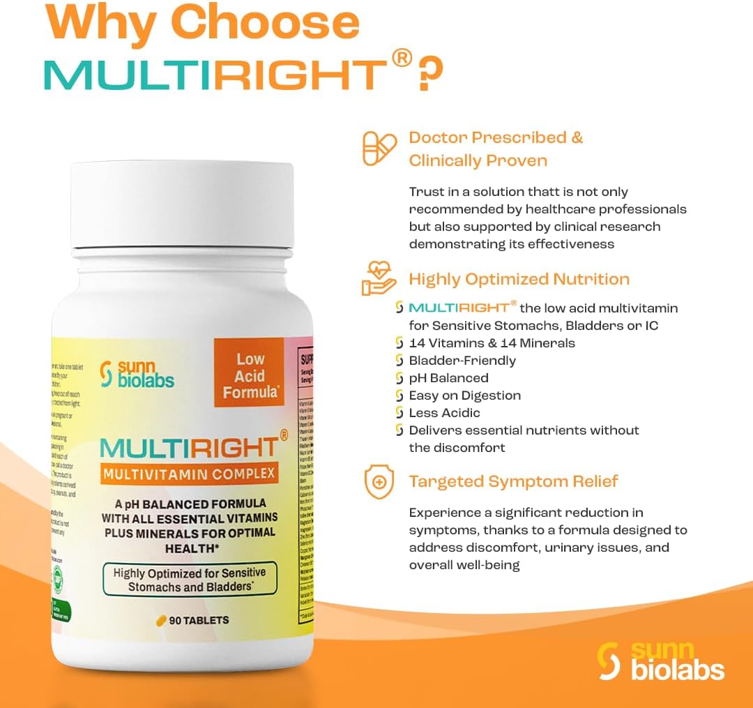Gentle Multivitamin for Sensitive Stomachs & Bladders | Sunn Biolabs Multiright | pH Balanced & Easy to Digest | 180 Tablets