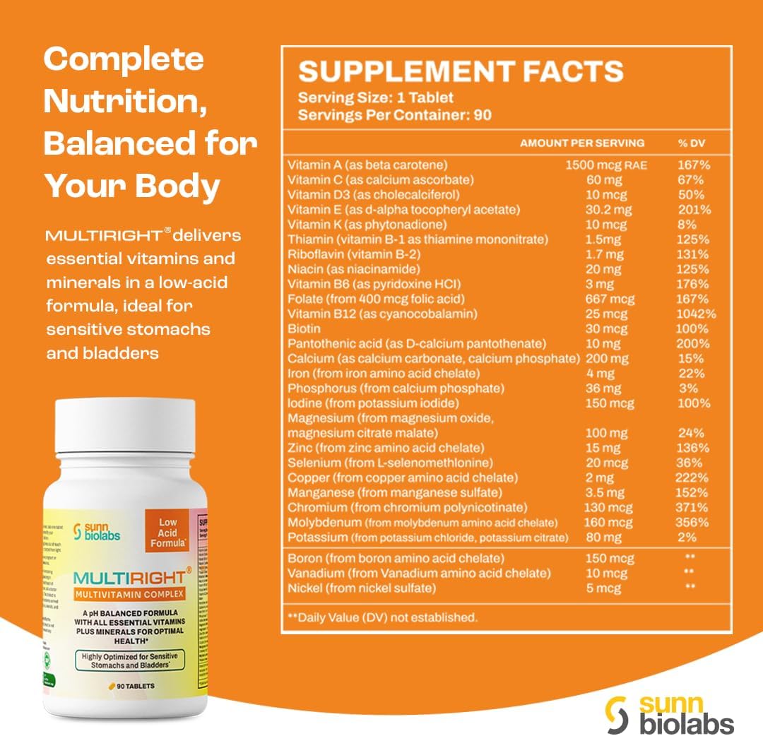 Gentle Multivitamin for Sensitive Stomachs & Bladders | Sunn Biolabs Multiright | pH Balanced & Easy to Digest | 180 Tablets