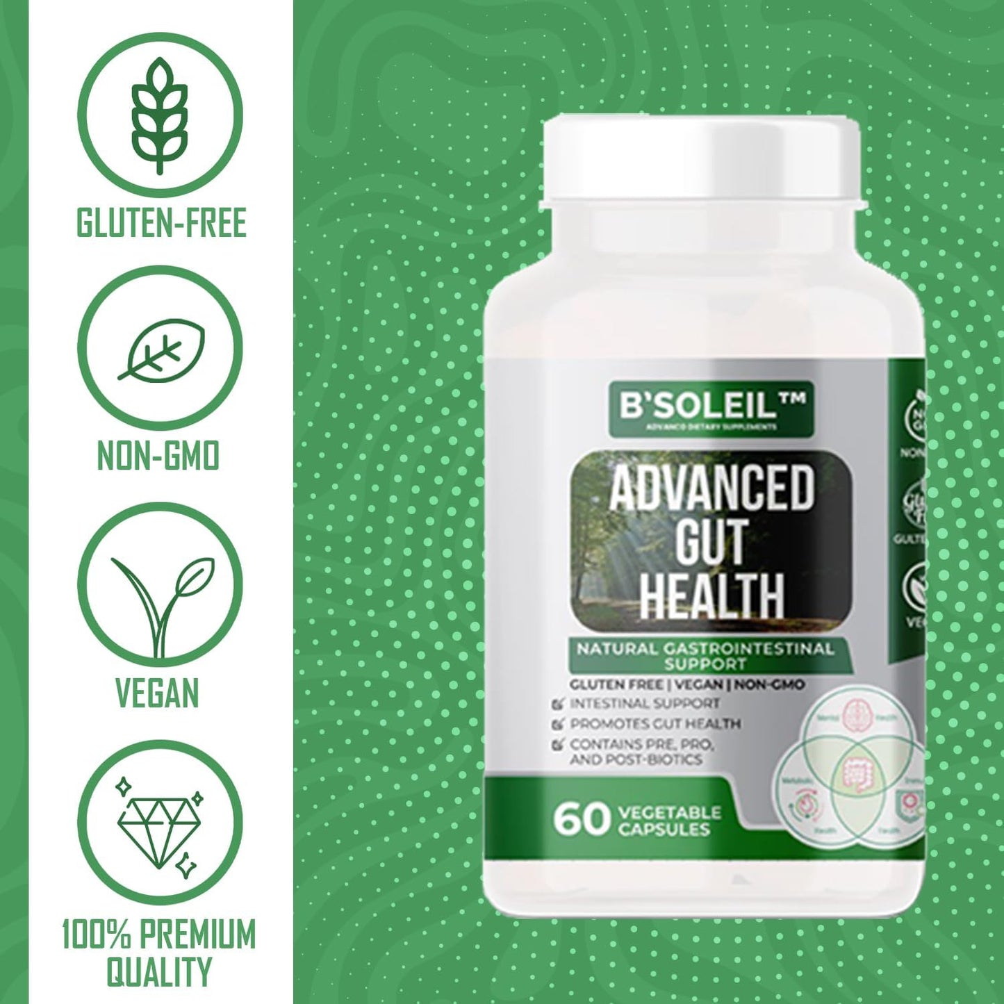 Genuine Health B’Soleil™ Advanced Probiotic with Pre, Pro & Post Biotics - 60 Capsules - Gluten Free, Vegan, Non-GMO - 25 Billion CFU - Natural Gut Health Support