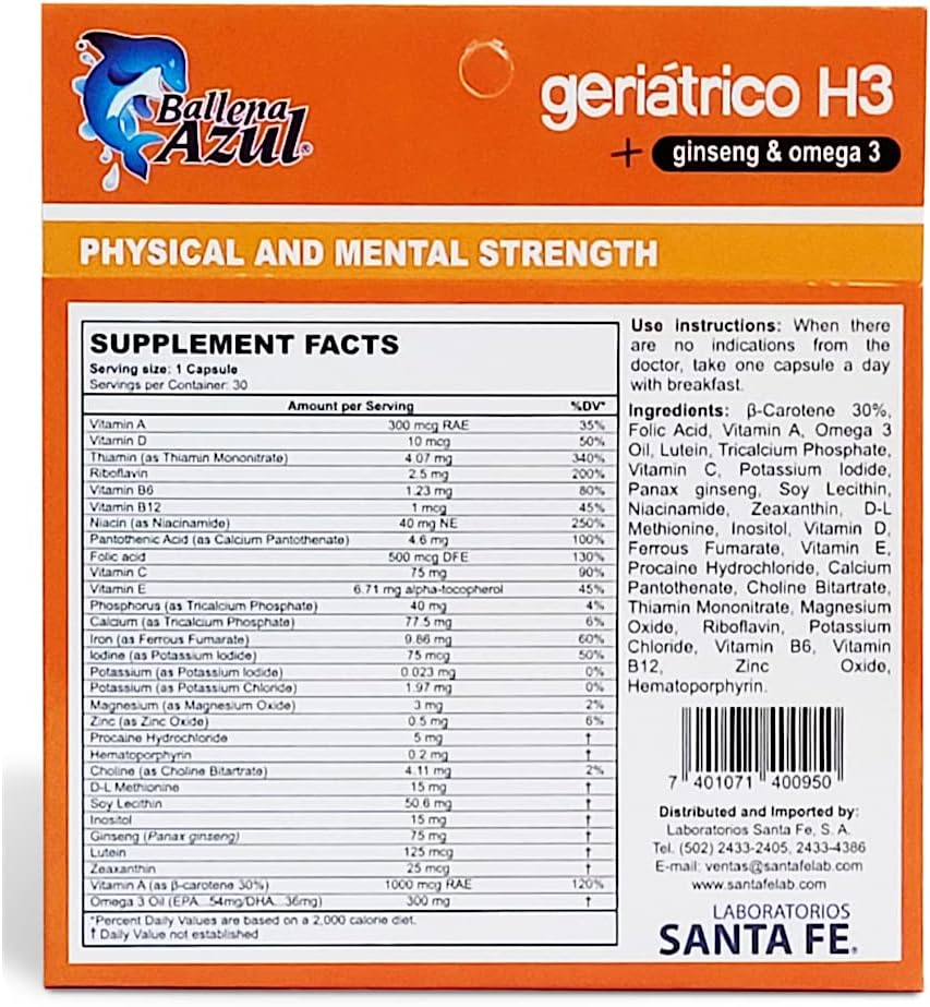 Geriatric Multivitamin Dietary Supplements with Ginseng and Omega 3 - Blue Whale Emulsion