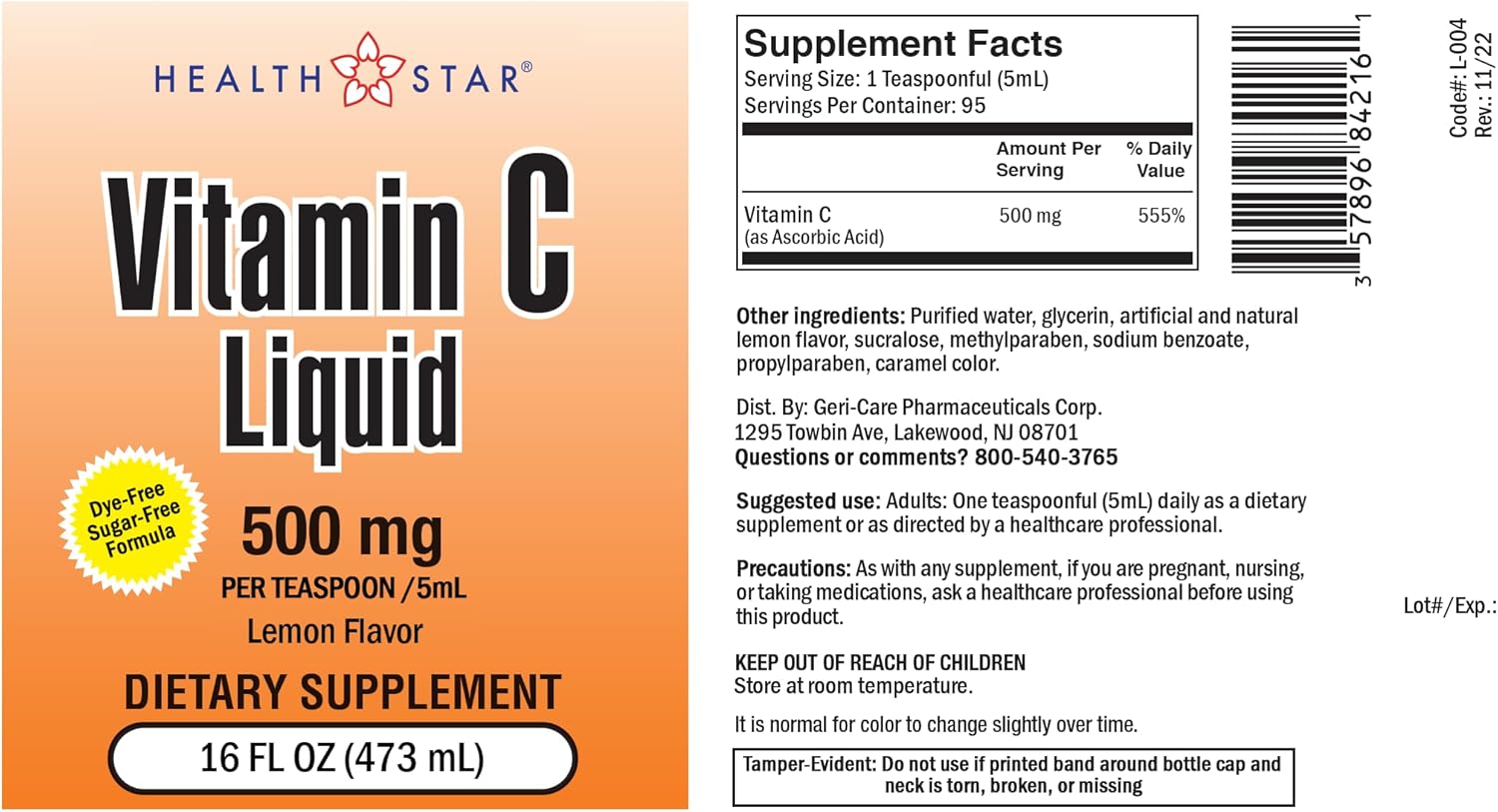 Geriatricare 500mg Liquid Vitamin C Supplement - Orange Flavored Immune System Booster - 16 Fl Oz Bottle