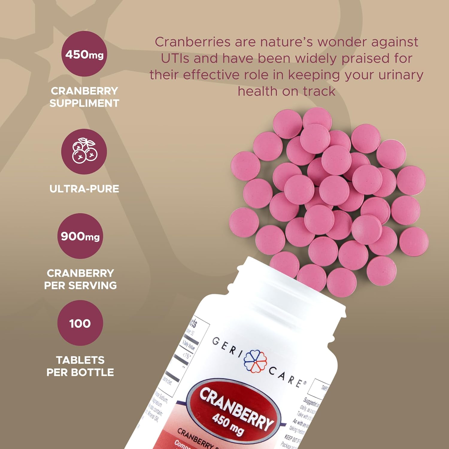 GeriCare High-Potency 450mg Pure Cranberry Tablets - Natural UTI Prevention for Men & Women - GMO, Gluten & Dairy Free - 100 Count