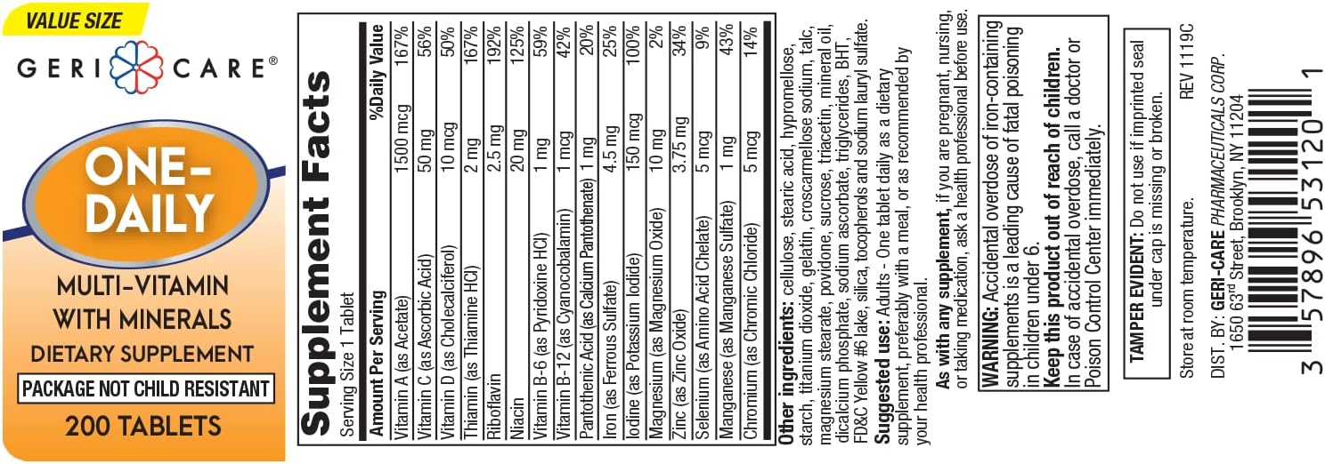 GeriCare One-Daily Multi-Vitamin & Minerals Tablets - 200 Count Pack - Dietary Supplement for Seniors